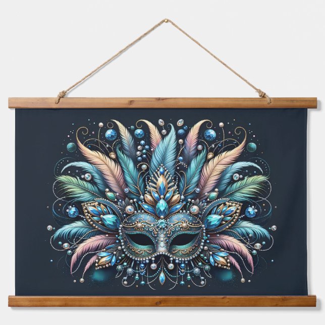 Boho Masquerade Feather Jewel Mask Wandteppich Mit Holzrahmen (Vorne)