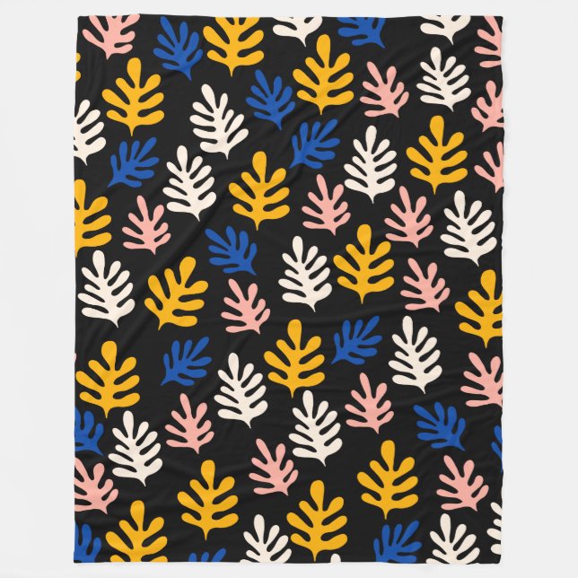 Boho Matisse Botanische Formen in Schwarz Rosa Bla Fleecedecke (Vorderseite)