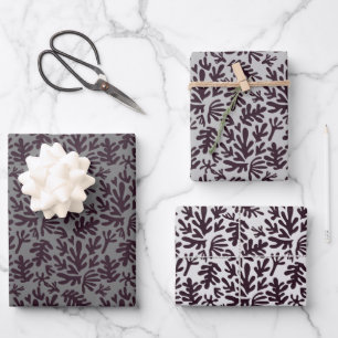 Boho Matisse botanische Formen Muster Schwarz Grau Geschenkpapier Set