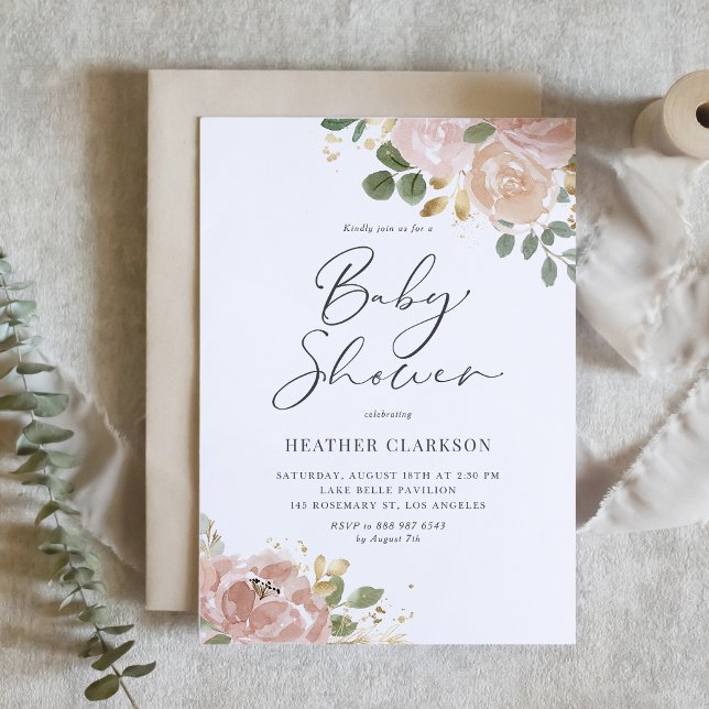 Boho Mauve Peach Blume QR Code Kinderdusche Einladung (Customizable Baby Shower QR Code Invitation – Watercolour Mauve Peach, Greenery, & Faux Gold Foil)