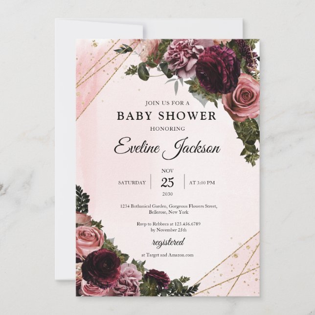 Boho Mauve und Maroon Blume Goldrahmen rustikal Einladung (Vorderseite)