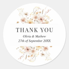 Boho Meadow Beige Wildblumen Hochzeit Danke Runder Aufkleber