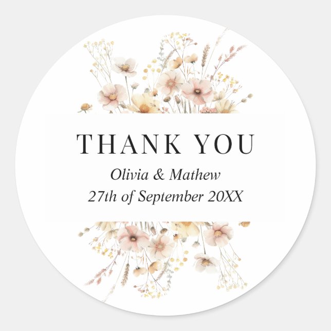 Boho Meadow Beige Wildblumen Hochzeit Danke Runder Aufkleber (Vorderseite)