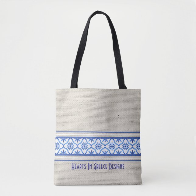Boho Mediterranean Tile Blue White Personalisiert Tasche (Vorderseite)