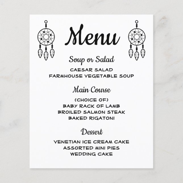 Boho Menu Dreamcatcher Black White Mariage Tribal (Devant)