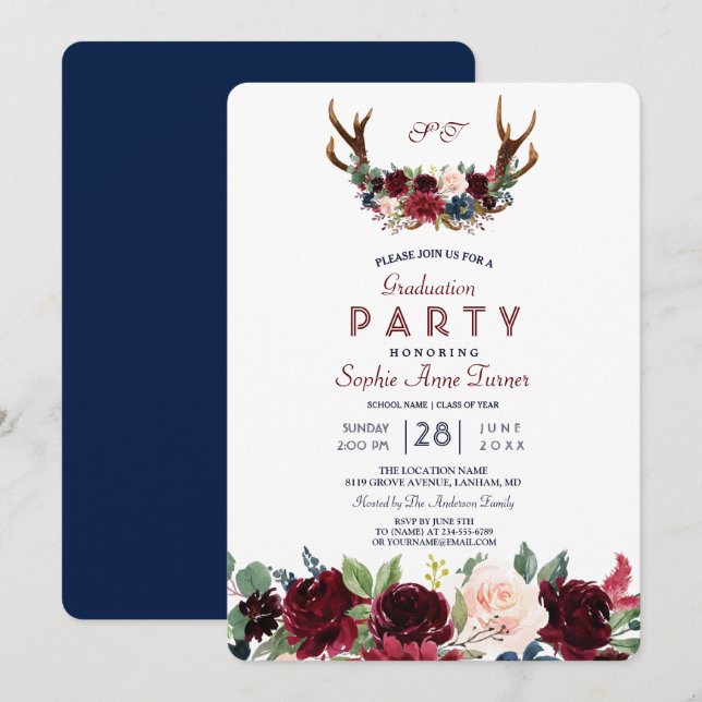 Boho Merlot Navy Blue Floral Antlers Abschluss Einladung (Vorne/Hinten)