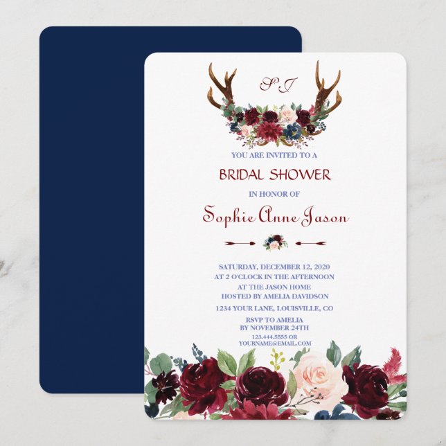 Boho Merlot Navy Blue Floral Antlers Brautparty Einladung (Vorne/Hinten)