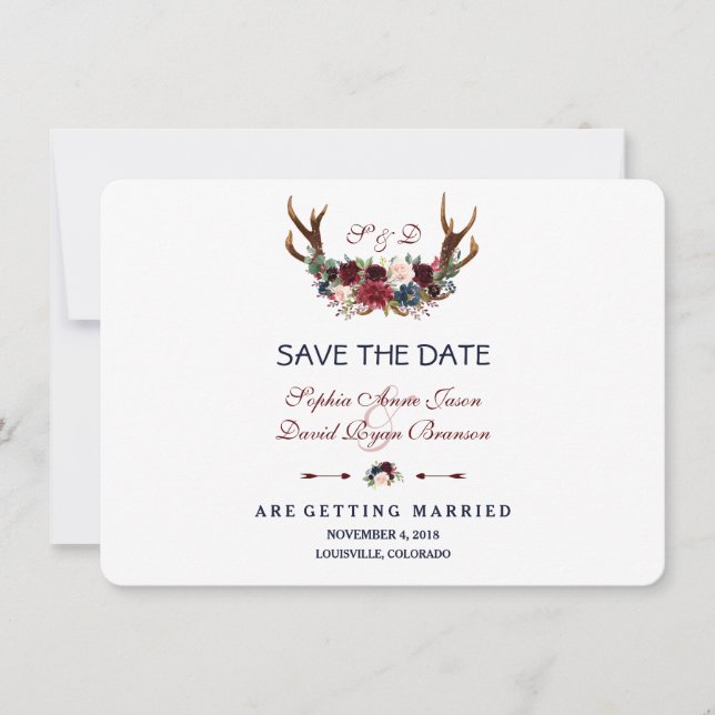 Boho Merlot Navy Blue Floral Antlers Save the Date (Vorderseite)
