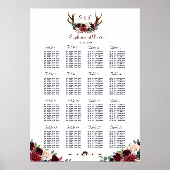 Boho Merlot Navy Blue Floral Antlers Seekarte Poster (Vorne)