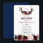 Boho Merlot Navy Blue Floral Antlers Sweet 16 Einladung<br><div class="desc">Ein rustikales,  Bohemisches Design für besondere,  alle Jahreszeiten! Dieses Design umfasst Hirschgeweihe,  Aquarellmärchen,  Blumenstrauß,  Pfeile mit den gleichen Blume und auf der Rückseite ein marineblau Hintergrund. Verwenden Sie das Tool Anpassen,  um Ihre Informationen hinzuzufügen. Für mehr,  besuchen Sie bitte meine Merlot Navy Blue Floral Antlers Collection.</div>