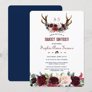 Boho Merlot Navy Blue Floral Antlers Sweet 16 Einladung