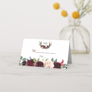 Boho Merlot Navy Blue Floral Antlers Tischnummer Platzkarte