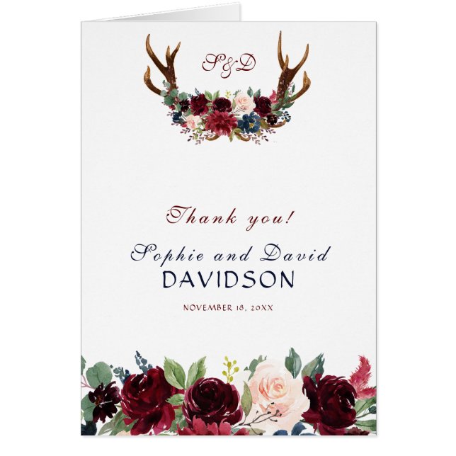 Boho Merlot Navy Blue Floral Antlers Vielen Dank (Vorne)