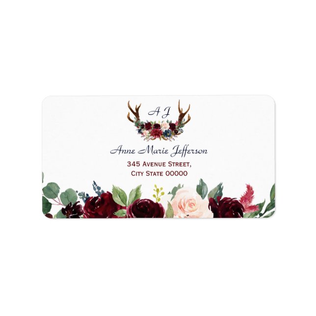 Boho Merlot Navy Blue Floral Antlers Wedding Adressaufkleber (Vorne)