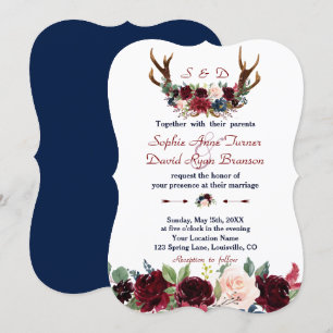 Boho Merlot Navy Blue Floral Antlers Wedding Einladung