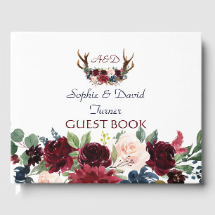 Boho Merlot Navy Blue Floral Antlers Wedding Gästebuch
