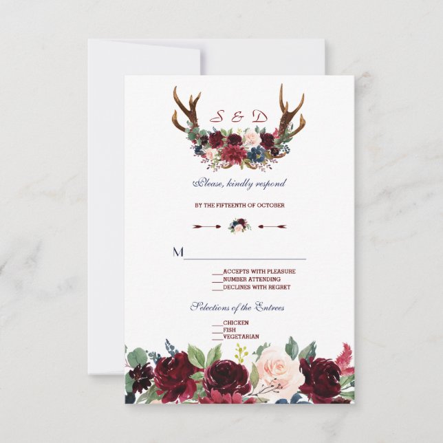 Boho Merlot Navy Blue Floral Antlers Wedding RSVP (Vorderseite)