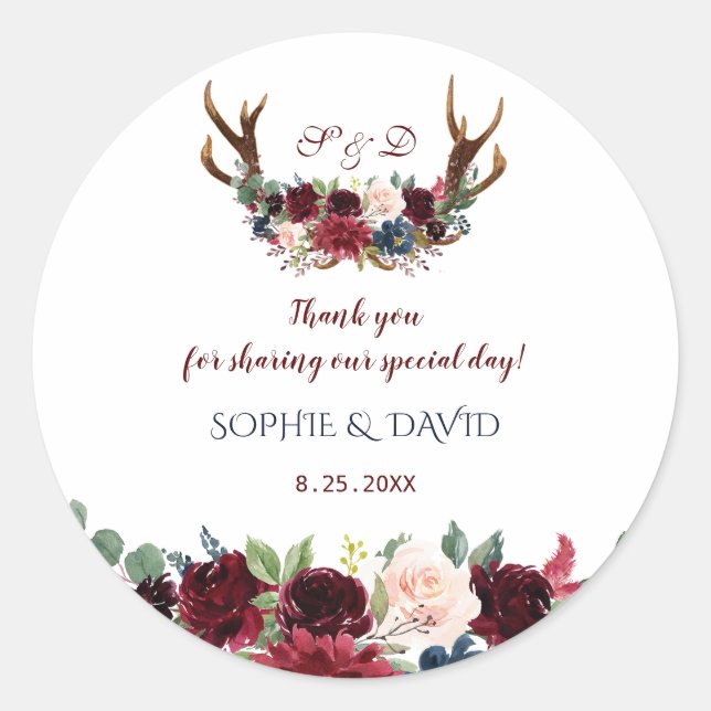 Boho Merlot Navy Blue Floral Antlers Wedding Runder Aufkleber (Vorderseite)