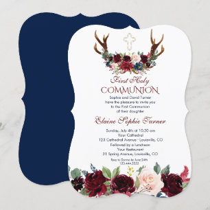 Boho Merlot Navy Floral Antlers First Communation Einladung