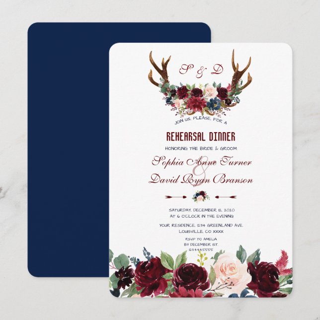 Boho Merlot Navy Floral Antlers Probe Dinner Einladung (Vorne/Hinten)