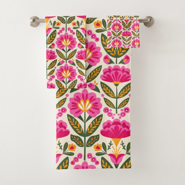BOHO Mexican Talavera Flowers Fuchsia Pink Floral Badhandtuch Set (Insitu)