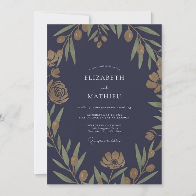 Boho-Midnight-Olivenblatt-Hochzeit Einladung (Vorderseite)