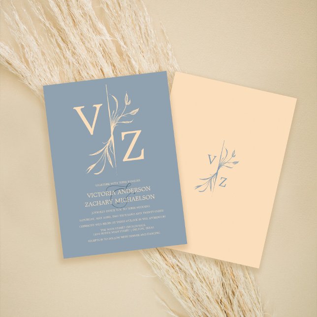 Boho Minimal Dusty Blue Leaf Monogram Wedding Einladung (Von Creator hochgeladen)