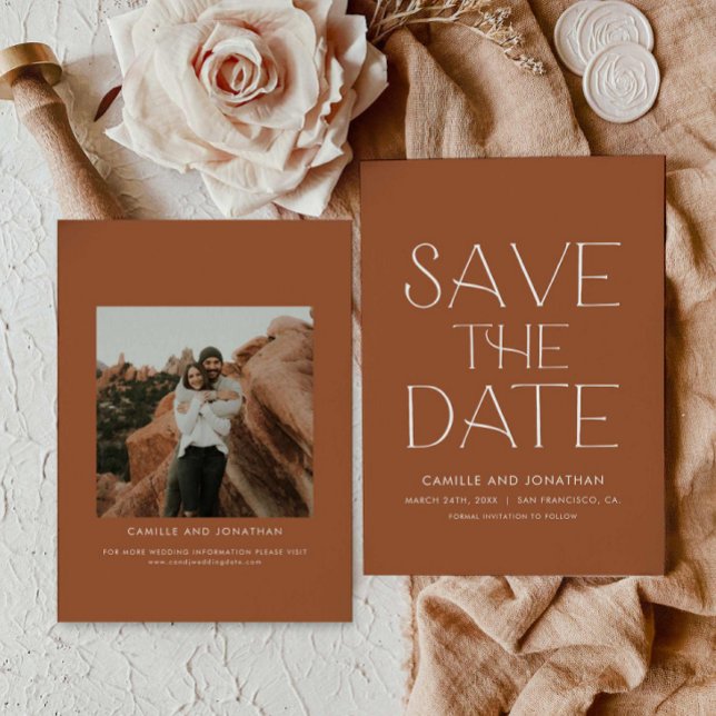 Boho Minimal Foto Save the Date (Terracotta Boho Save the Date Photo Card)
