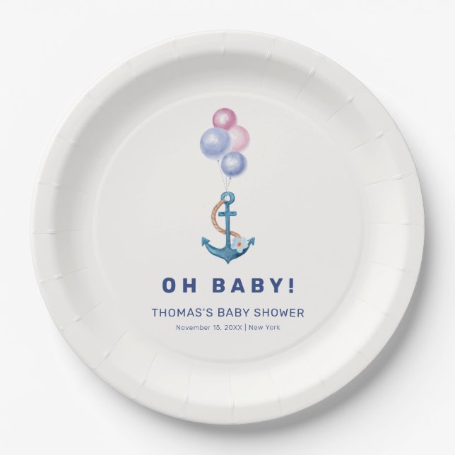 Boho Minimal Nautical Anchor Balloon Babydusche Pappteller (Vorderseite)