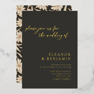 Boho-Minimalist Botanical Schwarz Elfenbein Hochze Folieneinladung