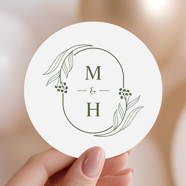 Boho Minimalist Monogram  Olive Green Wedding  Runder Aufkleber (Von Creator hochgeladen)