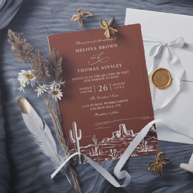 Boho Minimalist Terracotta Western QR Code Wedding Einladung (Von Creator hochgeladen)