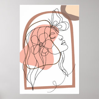 Boho Minimalistic Line Art, Frau mit Blume Poster