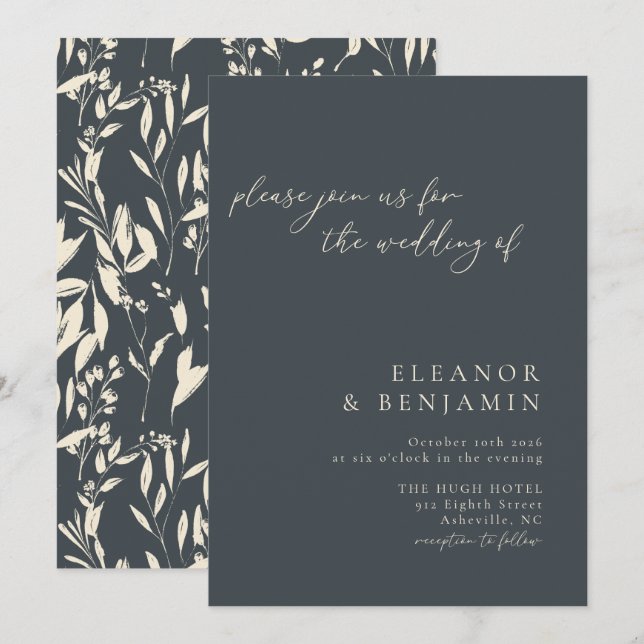 Boho Minimalistisch Black Hand Drawn Floral Weddin Einladung (Vorne/Hinten)