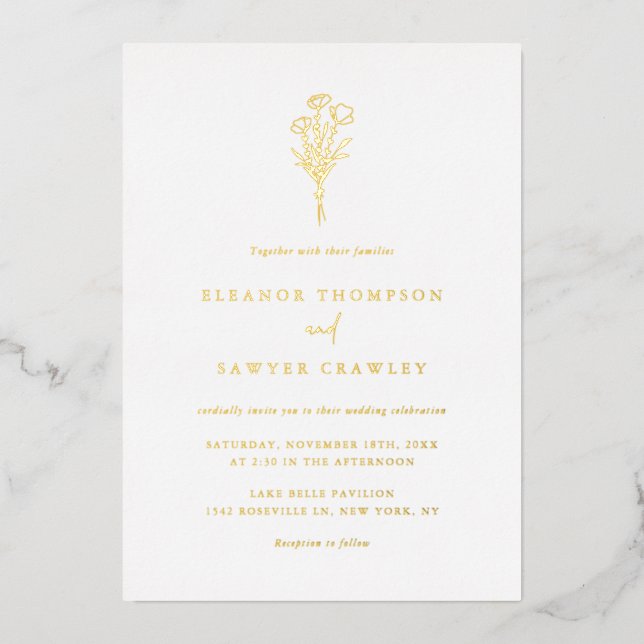 Boho Minimalistisch Botanical Bouquet Foto Wedding Folieneinladung (Vorderseite)