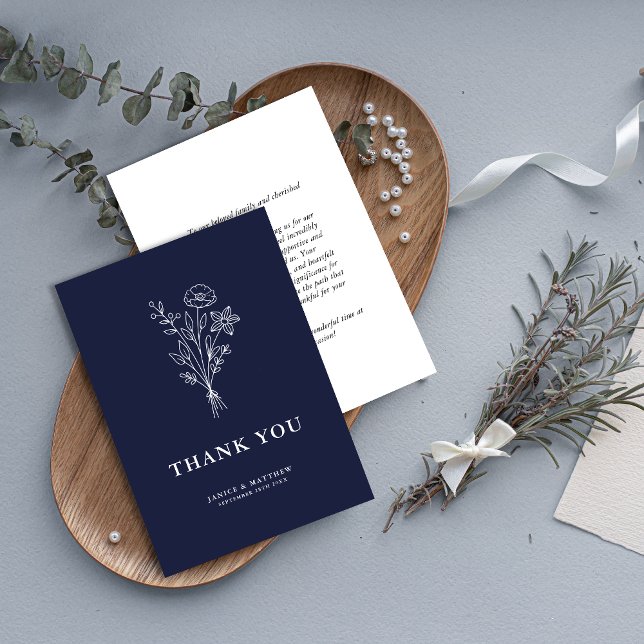Boho Minimalistisch Botanicals Navy Blue Wedding Dankeskarte (Von Creator hochgeladen)