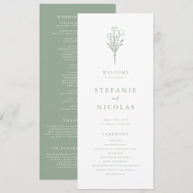 Boho Minimalistisch Botanicals Sage Green Wedding Programm (Vorne/Hinten)