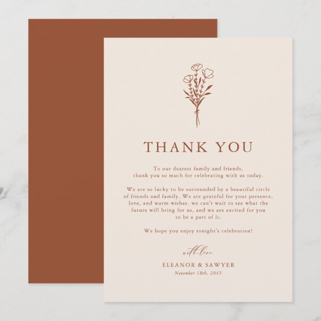 Boho Minimalistisch Botanicals Terracotta Hochzeit Dankeskarte (Vorne/Hinten)