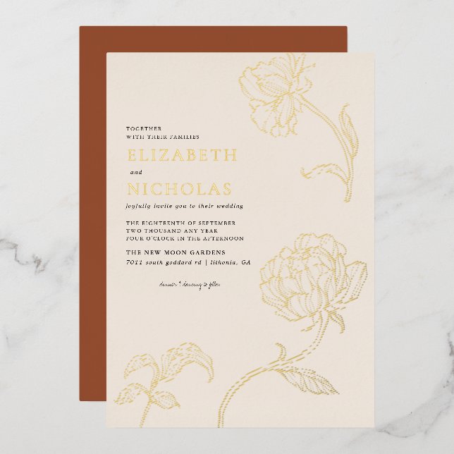 Boho Minimalistisch Botanicals Terracotta Hochzeit Folieneinladung (Vorderseite/Rückseite)