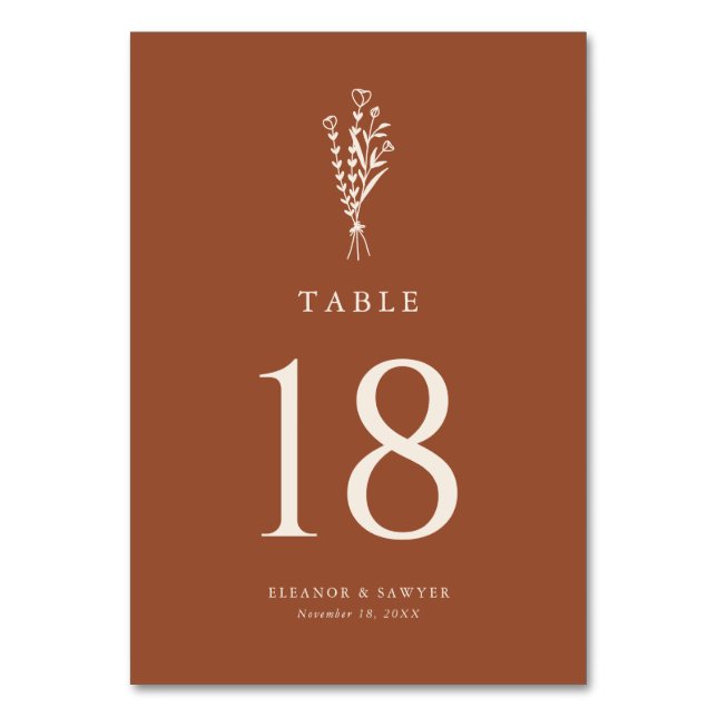 Boho Minimalistisch Botanicals Terracotta Hochzeit Tischnummer (Vorderseite)