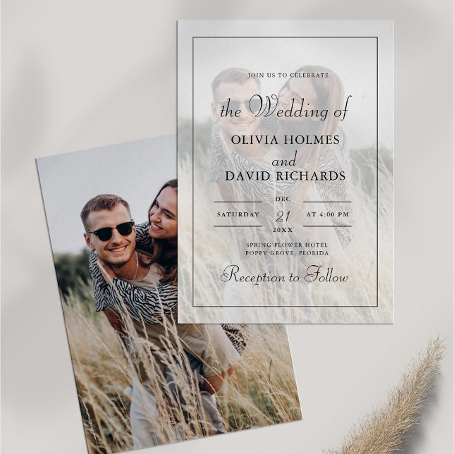 Boho Minimalistisch Custom Foto Wedding Einladung (Boho Minimalist Custom Photo Wedding Invitation on white table with dry wildflower.)