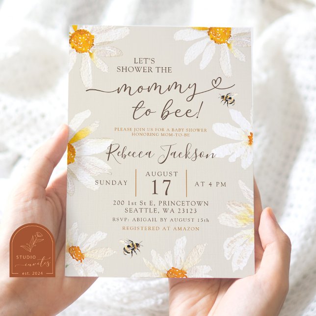 Boho Minimalistisch Daisy Mommy zu Bee Baby Shower Einladung (Von Creator hochgeladen)