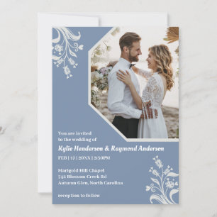 Boho Minimalistisch Floral Silver Lake Blue Weddin Einladung