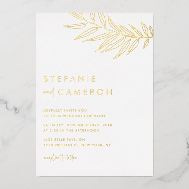 Boho Minimalistisch Foliage Leaf Wedding Folieneinladung (Vorderseite)
