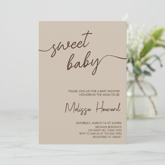 Boho Minimalistisch Gender Neutral Brown Babydusch Einladung (Stehend Vorderseite)