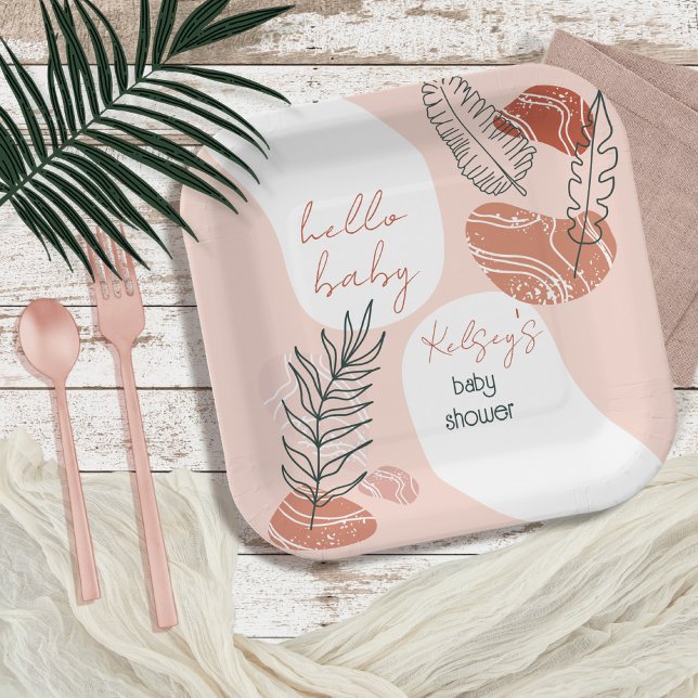 Boho Minimalistisch Hello Baby Dusche Blush Pappteller (Von Creator hochgeladen)