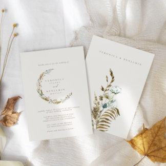 Boho Minimalistisch Mute Blue & Dried Grass Weddin Einladung