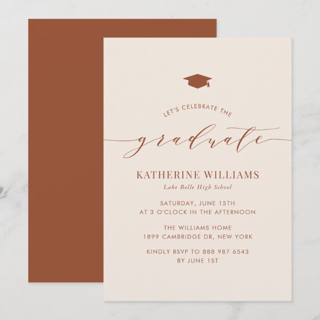 Boho Minimalistisch Script Terracotta Graduation P Einladung (Vorne/Hinten)