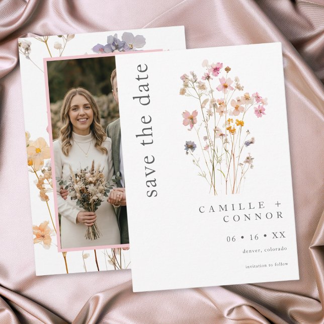 Boho Minimalistische Getrocknete Wildblumen Botani Save The Date (Boho Minimal Pressed Wildflower Botanical Photo Wedding Save The Date)