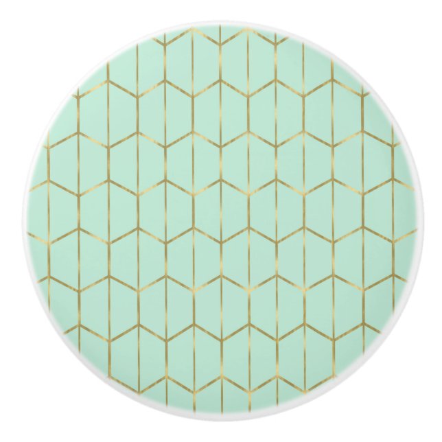 Boho Mint Green Hexagon Gold & Geometric Glam Keramikknauf (Vorderseite)
